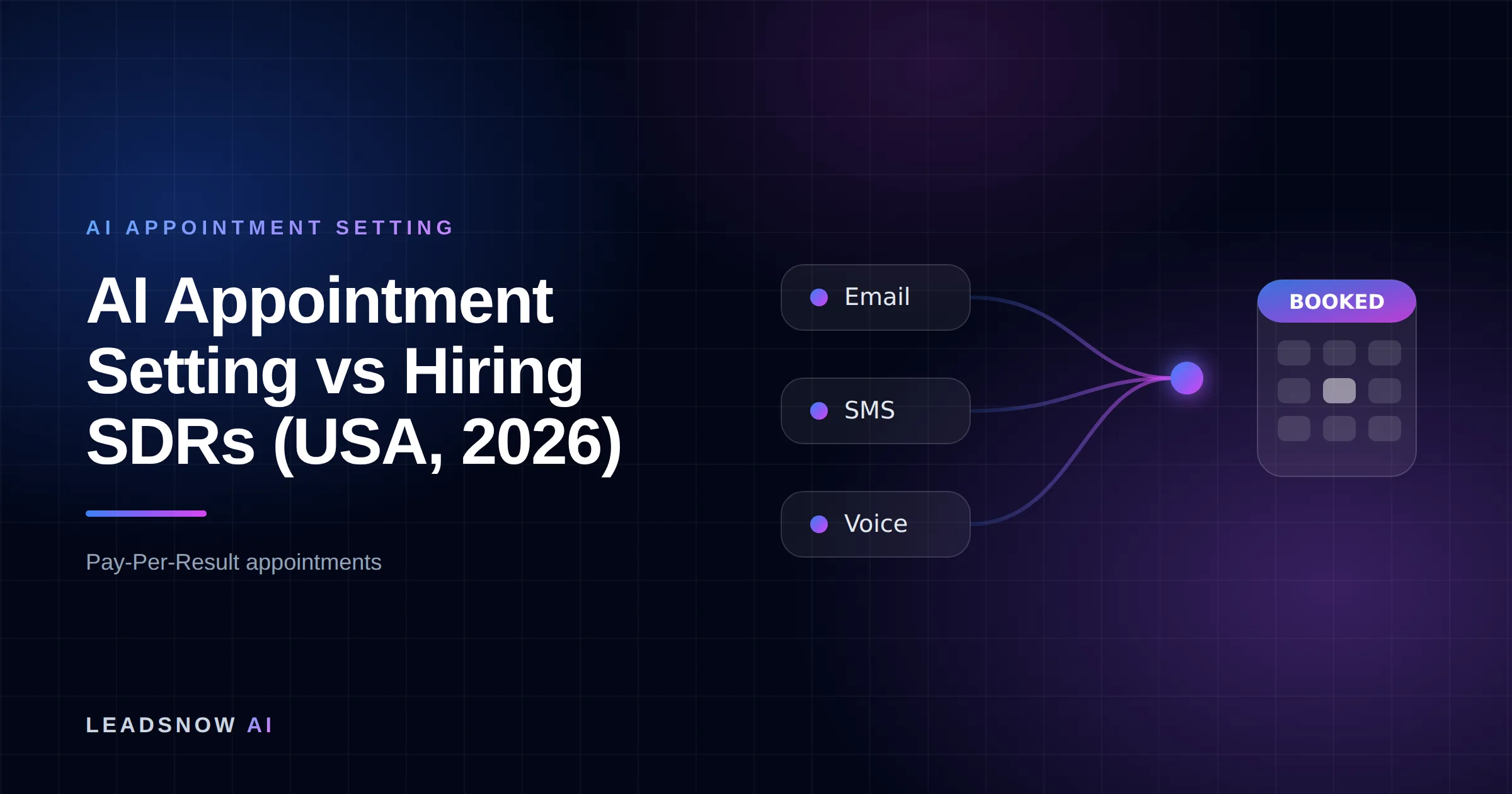 AI Appointment Setting vs Hiring SDRs (USA, 2026): Email, SMS and voice outreach from an AI sales agent converging into a booked calendar appointment.