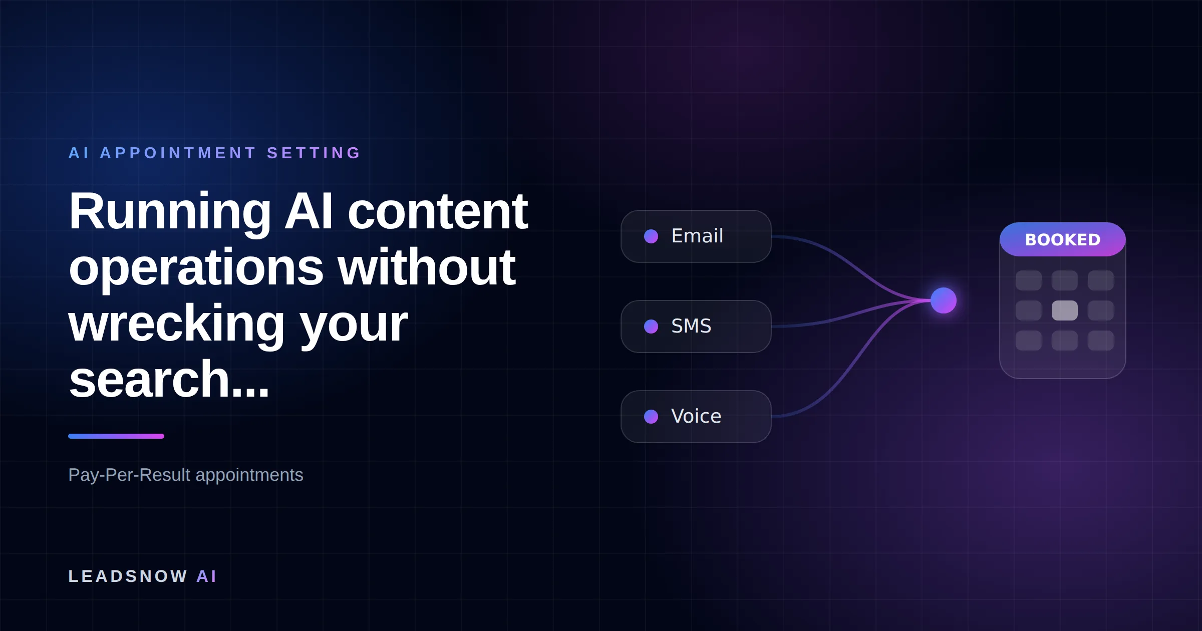 Running AI content operations without wrecking your search...: Email, SMS and voice outreach from an AI sales agent converging into a booked calendar appointment.
