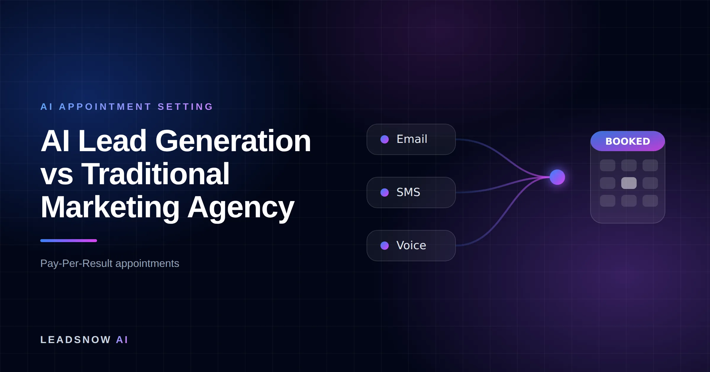 AI Lead Generation vs Traditional Marketing Agency: Email, SMS and voice outreach from an AI sales agent converging into a booked calendar appointment.