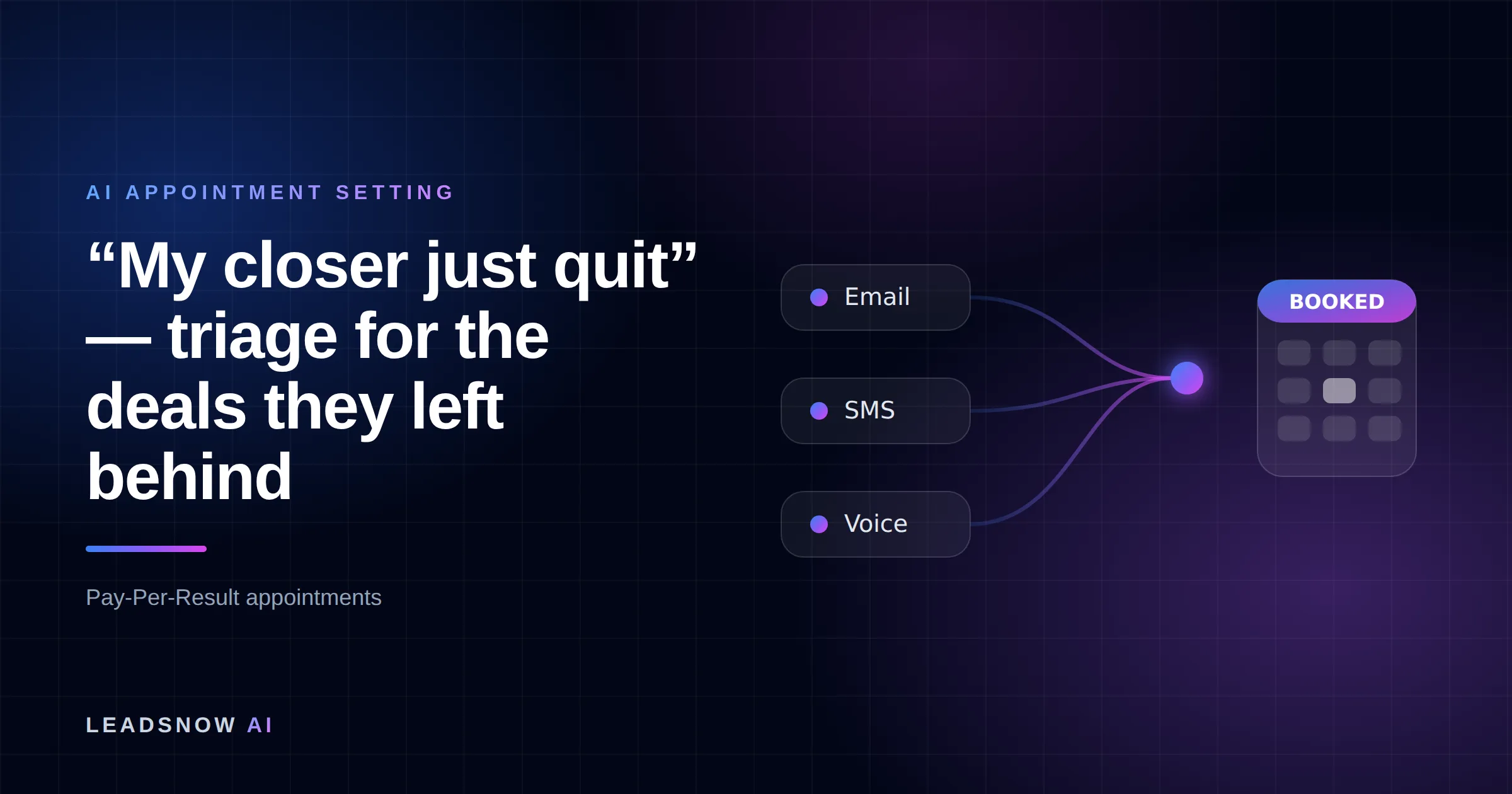 “My closer just quit” — triage for the deals they left behind: Email, SMS and voice outreach from an AI sales agent converging into a booked calendar appointment.