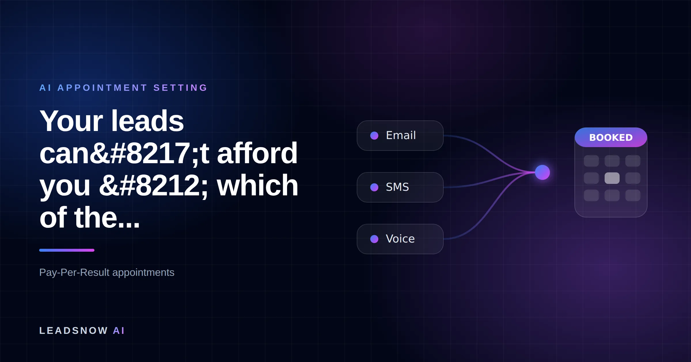 Your leads can’t afford you — which of the...: Email, SMS and voice outreach from an AI sales agent converging into a booked calendar appointment.