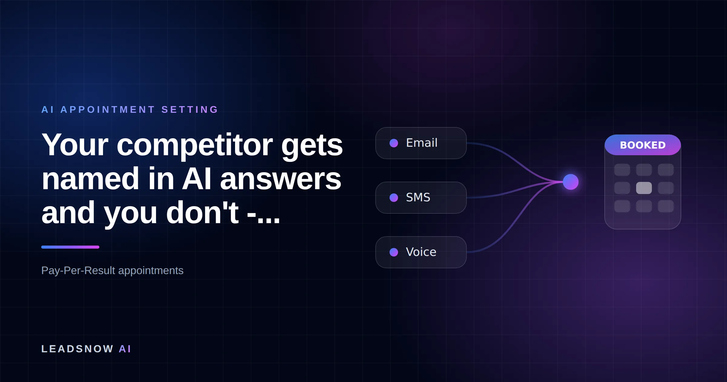 Your competitor gets named in AI answers and you don't -...: Email, SMS and voice outreach from an AI sales agent converging into a booked calendar appointment.