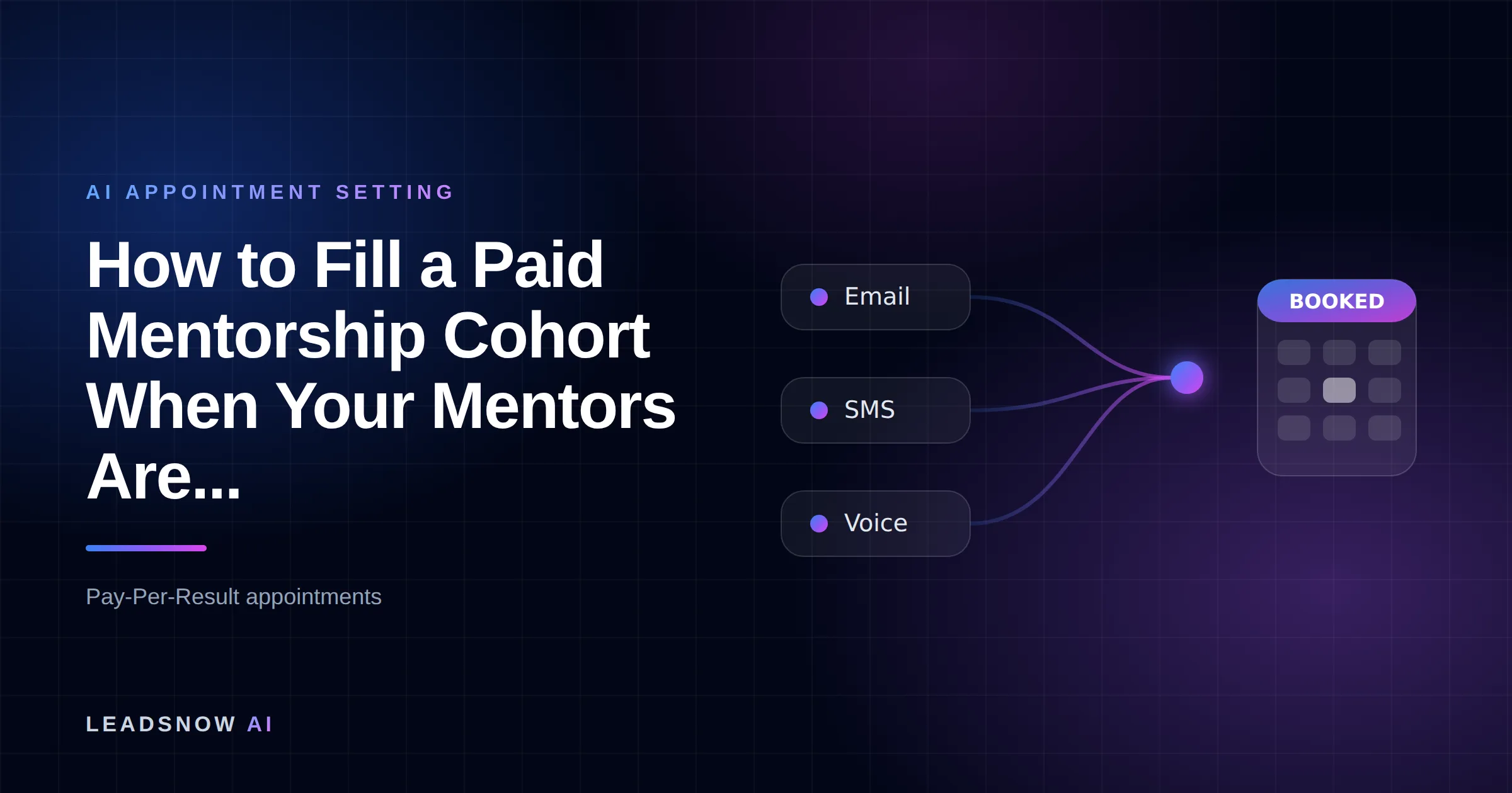 How to Fill a Paid Mentorship Cohort When Your Mentors Are...: Email, SMS and voice outreach from an AI sales agent converging into a booked calendar appointment.