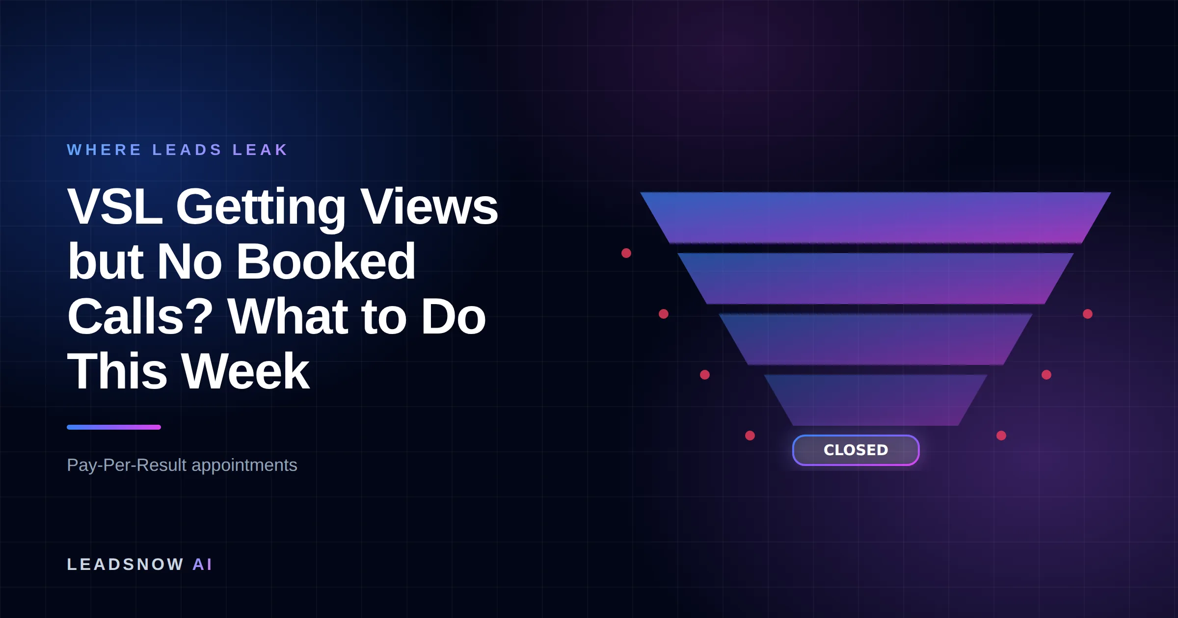 VSL Getting Views but No Booked Calls? What to Do This Week: A lead generation funnel narrowing through four stages, with revenue leaking at each step.