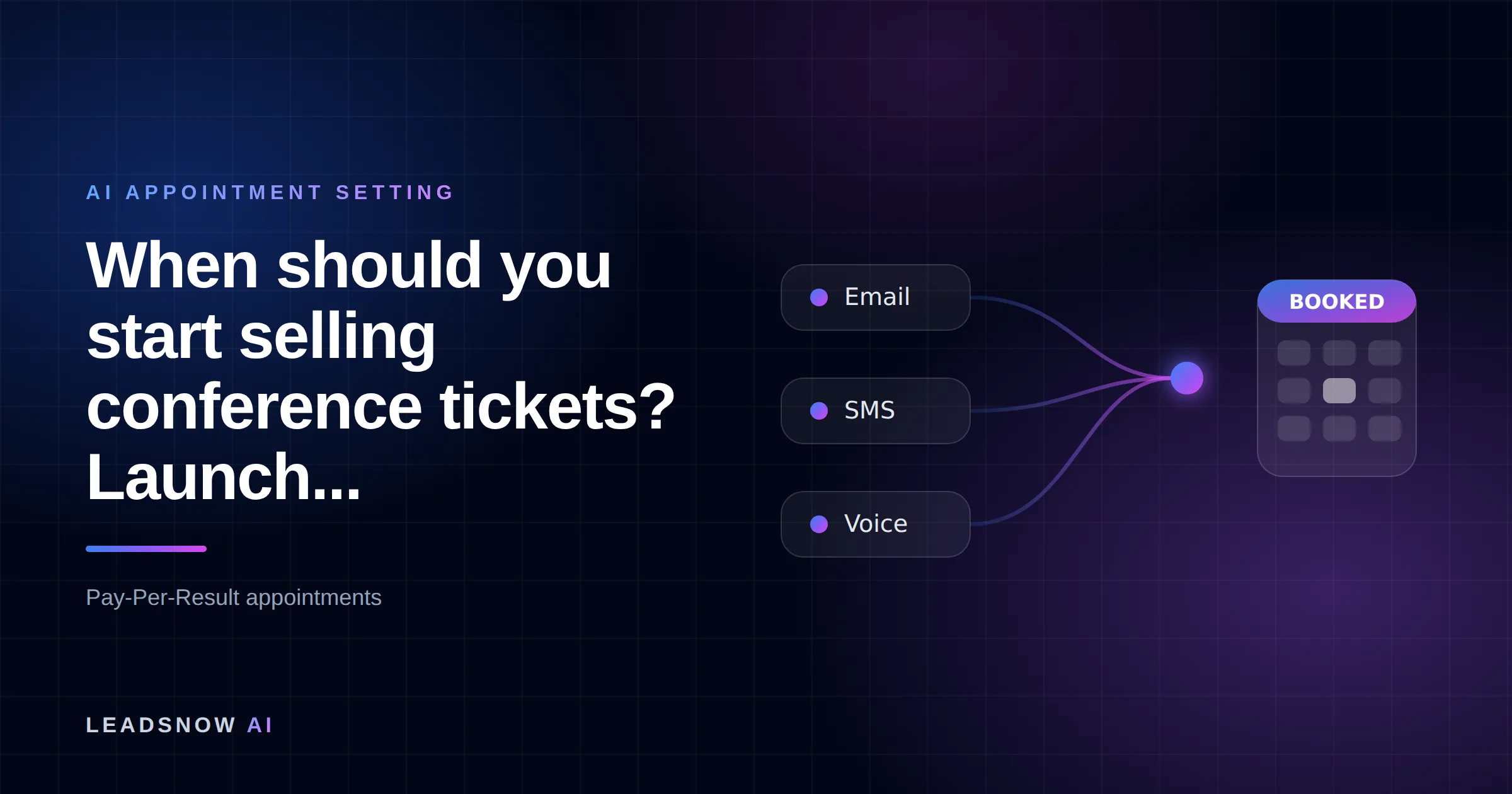 When should you start selling conference tickets? Launch...: Email, SMS and voice outreach from an AI sales agent converging into a booked calendar appointment.